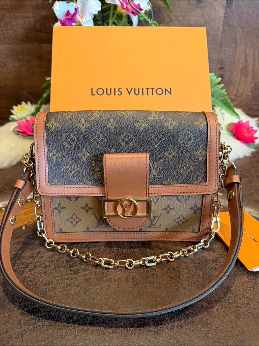 Louis Vuitton Brown Monogram Canvas and Tan Leather Crossbody with Gold Chain
